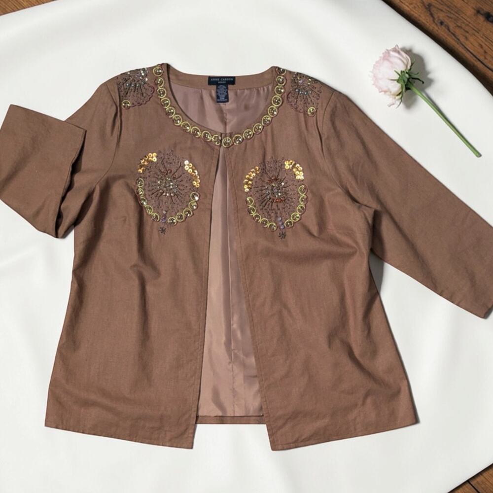 ANNE CARSON Brown Embellished Linen Cotton Blend Jacket 22W